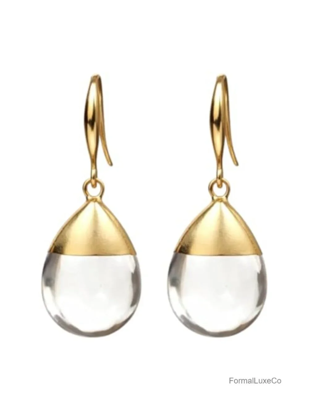 Clear Quartz Teardrop Dangle Earrings, Gold Electroplated, Handmade